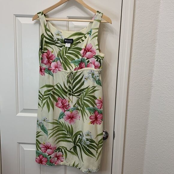 Puanani Hawaii RJC Tropical Dress Small Green Pink White Plumerias Scoop Neck - Picture 2 of 8